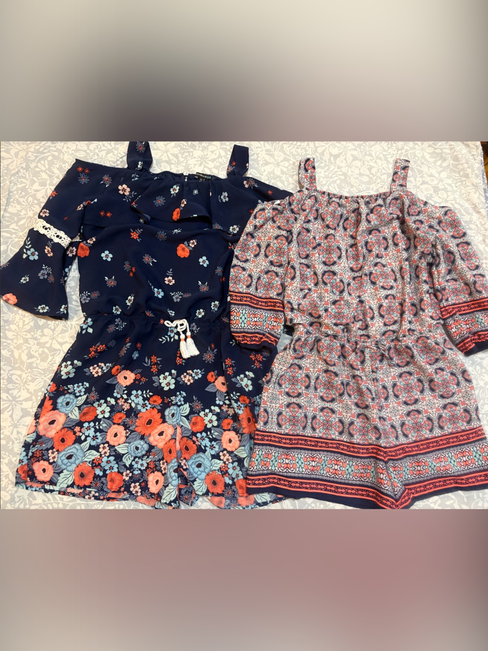 My Michelle Girls PAIR of Floral and Geometric Cold Shoulder Rompers, Size XL